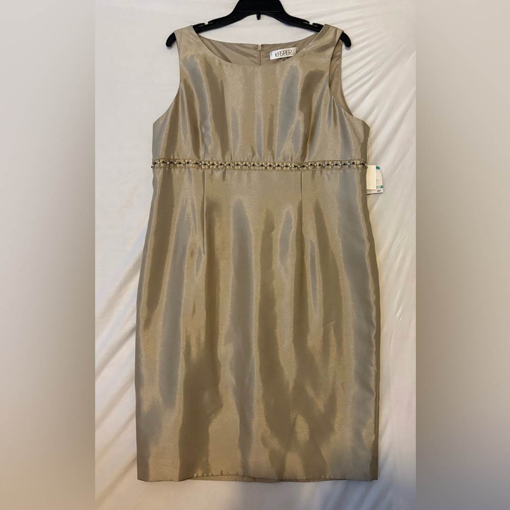 Kasper Sleeveless Shiny Taupe/Goldish Midi Dress with Beaded Waist
